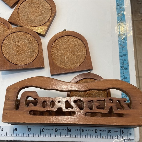 6 Wood Coasters Wood And Cork with Folk Art Coasters Box VTG - Picture 1 of 13